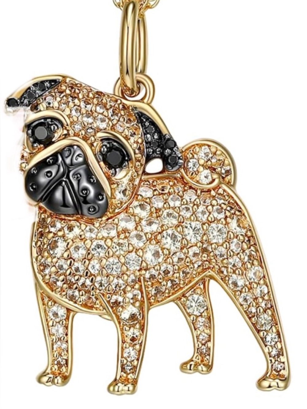 18k 925 Pug Diamond Pendant Necklace - Gold Tone with Black Accents